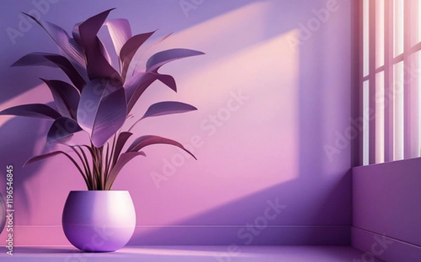 Fototapeta stock photo features a minimalist, generative concept with palm leaves casting shadows on a blue wall and pastel floor, creating a summer tropical beach background in an empty room ideal for product