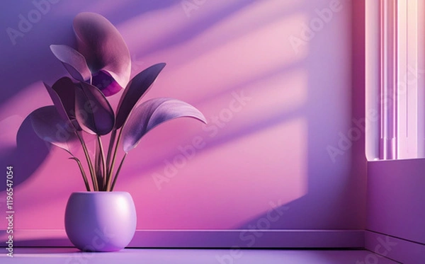 Fototapeta stock photo features a minimalist, generative concept with palm leaves casting shadows on a blue wall and pastel floor, creating a summer tropical beach background in an empty room ideal for product