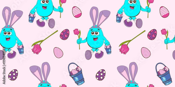Fototapeta Seamless Easter pattern. A spring pattern with a cheerful character in the style of a groove. Mascot egg