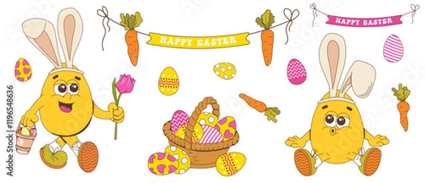 Fototapeta Groovy easter egg mascot characters. Easter set of design elements. Egg, carrot, basket, tulip, flowers, rabbit.