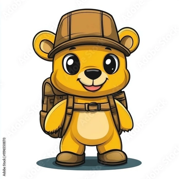 Fototapeta Adorable Cartoon Bear on an Adventure: A Cute Illustration of a Happy Bear Cub with a Backpack, Ready for Travel and Exploration