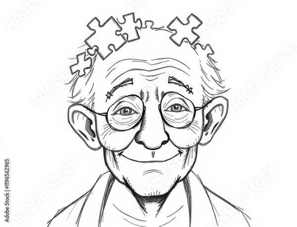 Fototapeta Hand-drawn sketch of old man with puzzles in his head pencil strokes on white background
