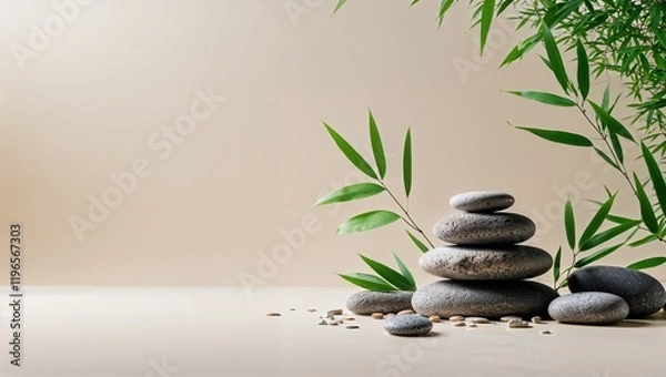 Fototapeta 静物として描かれる温泉石と竹の葉がリラクゼーションと癒しを表現. 生成AI