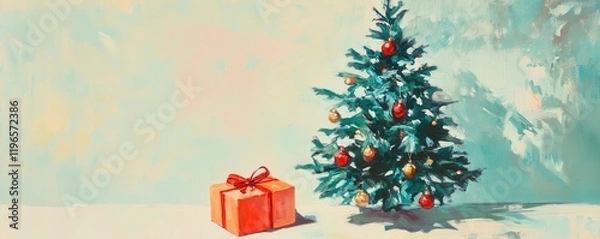 Obraz Christmas tree, gift box, and ornament on a light background