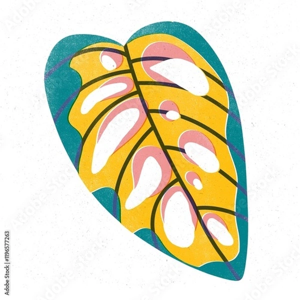 Fototapeta Trendy risograph print with texture style. Set of hand-drawn leafs. Graphic drawing of colorful leaves on white background. Illustration of leaf.