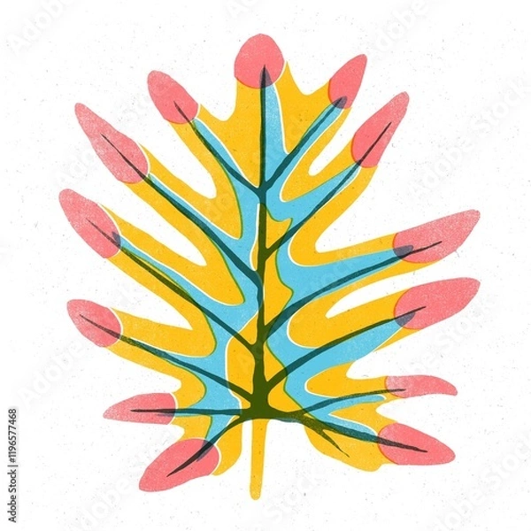 Fototapeta Trendy risograph print with texture style. Set of hand-drawn leafs. Graphic drawing of colorful leaves on white background. Illustration of leaf.