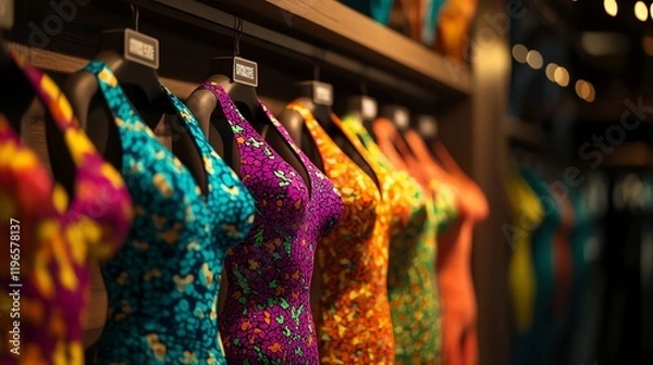 Fototapeta Colorful collection of vibrant dresses displayed on hangers in boutique, showcasing various styles and patterns for fashion enthusiasts.