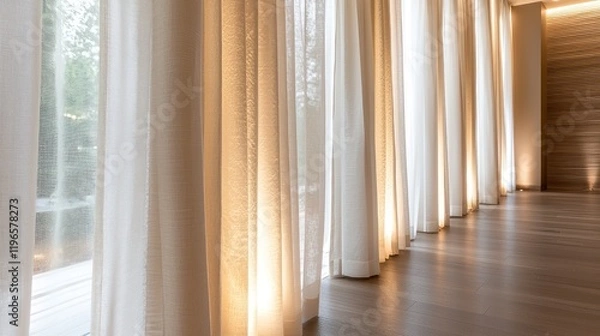 Fototapeta Custom drapes and Roman shades in a softly lit showroom.
