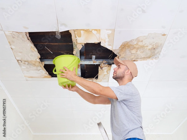 Obraz Man Collecting Water In Bucket From Ceiling. Ceiling panels dama