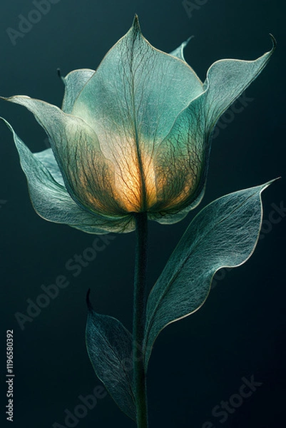 Fototapeta Illuminated Translucent Flower With Veined Petals And Leaves