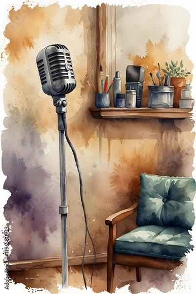 Fototapeta Microphone in a cozy home studio setting in watercolor style