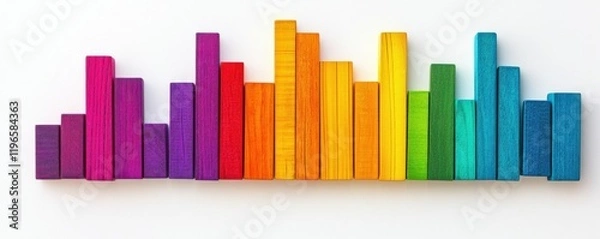 Obraz Colorful wooden blocks arranged in a creative pattern, representing a sound wave or bar chart on a white background Vibrant hues create an engaging visual concept
