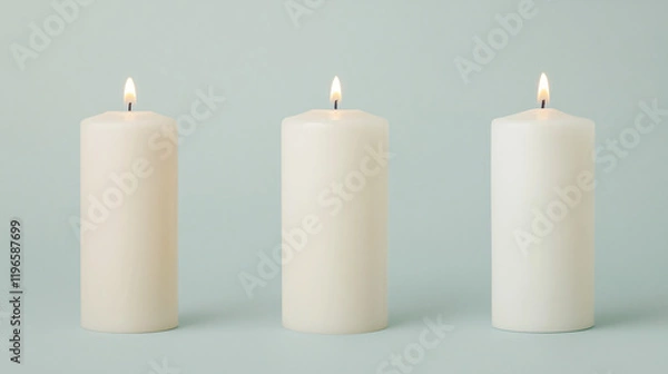 Fototapeta Serene Candlelight Trio: Three unlit ivory pillar candles arranged in a row against a soft blue-green backdrop.  The candles are subtly different shades, creating a calming and elegant scene. 