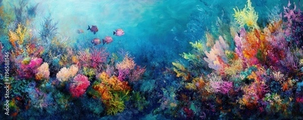 Fototapeta coral reef, ocean, underwater scene, colorful, artistic representation of marine life, vibrant colors, textured surfaces, abstract ocean ecosystem, pastel backdrop, marine biodiversity