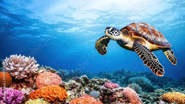 Fototapeta A sea turtle swimming over vibrant coral reefs in clear waters.