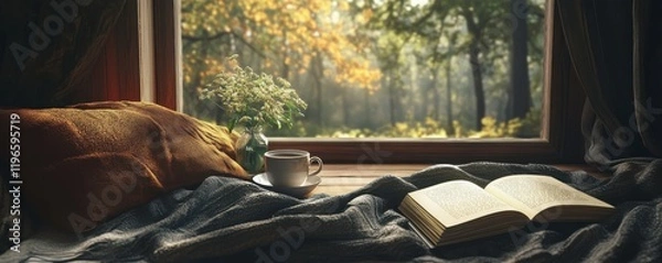 Fototapeta Cozy reading nook with a cup of tea and a warm blanket, tranquil indoor retreat, relaxing atmosphere.