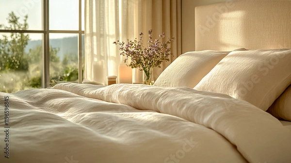 Fototapeta Cozy bedroom with a bed by the window with flowers in a vase. The atmosphere of comfort and relaxation. Hostingcore.
