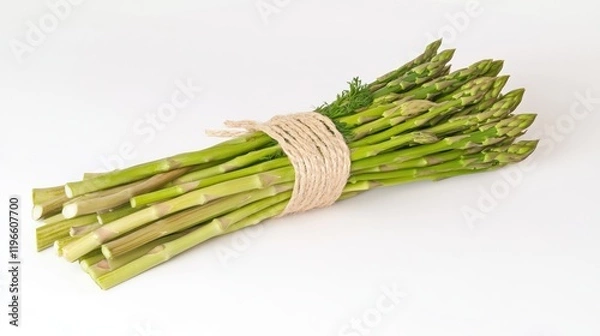 Fototapeta Fresh green asparagus bunch tied with twine on white background.