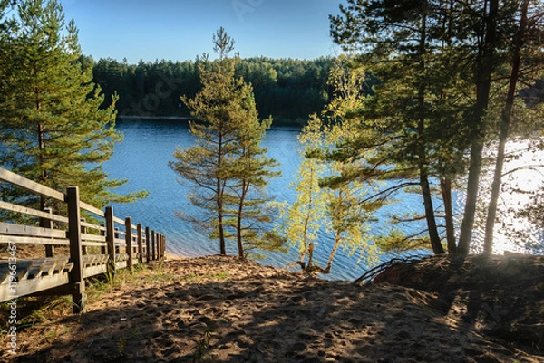 Fototapeta View from the hill to the lake, a place of rest