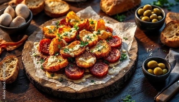 Fototapeta Roasted Potatoes with Chorizo and Olives on Rustic Wooden Board