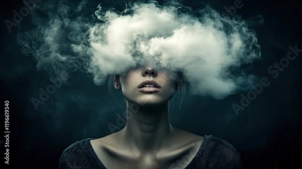 Fototapeta An intriguing portrait featuring a woman with a cloud of smoke obscuring her eyes, reflecting themes of mystery, emotions, and the complexity of human thoughts.