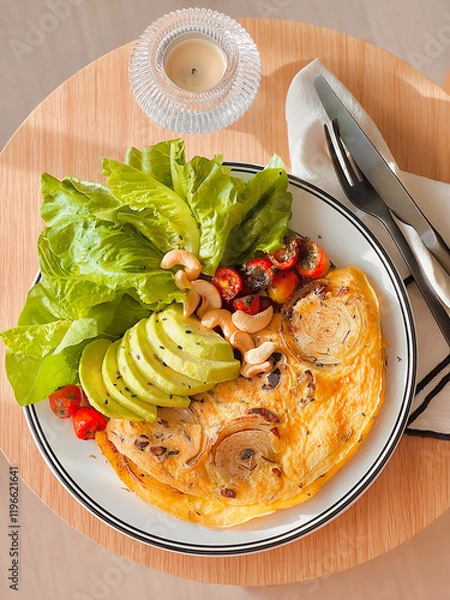Obraz Onion omelette with avocado for breakfast. Delicious food. Cooking recipes. Bruch menu. Healthy recipes. Easy home cooking. Diet food dish. High Protein. eggs recipe. Breakfast tray. Fluffy omelet. 