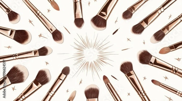 Fototapeta A stunning arrangement of makeup brushes radiates outward on a clean background, showcasing beauty tools essential for every makeup enthusiast.