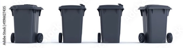 Fototapeta Four dark gray wheeled bins, shown from different angles, isolated on white background.