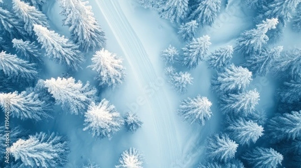 Fototapeta Aerial View of a Snow-Covered Forest Path