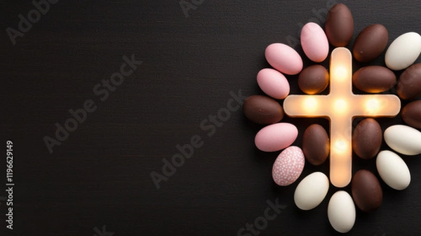 Fototapeta A decorative arrangement of colorful Easter eggs surrounding a glowing cross on a dark background, symbolizing Easter and celebration.
