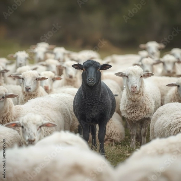 Fototapeta Black sheep in a flock of white sheep