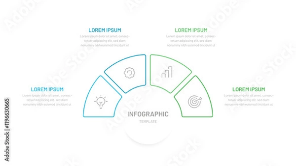 Obraz A thin semicircular line chart divided into four parts. Template for presentation slides, website, report, startup, business. Editable icons, bright colors