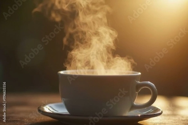 Obraz Stop motion shot of coffee steam swirling, white coffee cup at sunset, bokeh