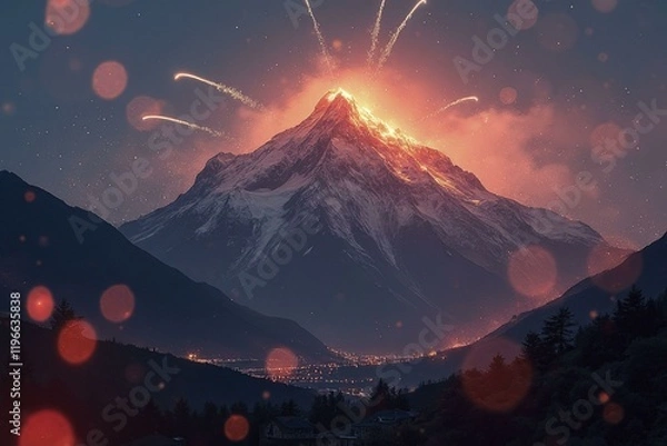 Fototapeta Glowing snowy mountain peak with fireworks and bokeh celebration scene at night time