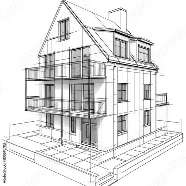 Fototapeta Modern House Architectural Sketch: 3D Perspective Drawing of a Contemporary Home Design