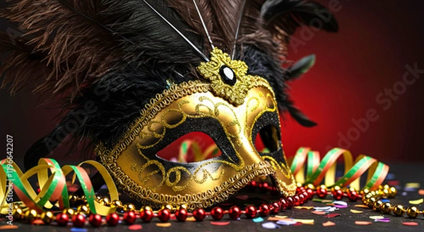 Fototapeta A close-up of carnival mask black and gold with feathers, sparkling beads and confetti