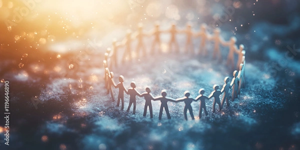 Fototapeta A group of people are standing in a circle holding hands
