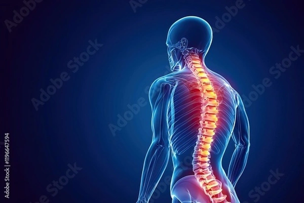 Fototapeta X-Ray of Back Pain with Blue Highlights and Red Glowing Areas
