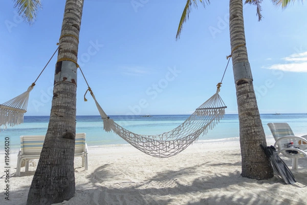 Obraz Hamak na plaży Tropical Paradise, z białym piaskiem i turkusowym morzem - Panglao, Bohol - Filipiny