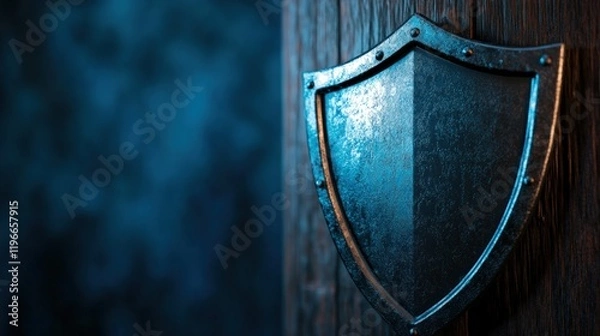 Fototapeta Ancient Metallic Shield on Wooden Background: A Symbol of Protection