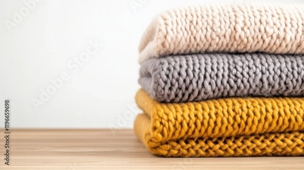 Obraz Cozy Knitted Blankets Stack on Wooden Table in Soft Light