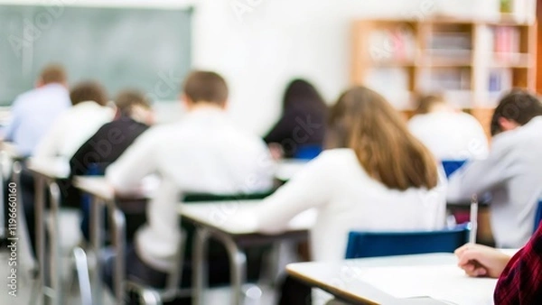 Fototapeta Classroom with Test Papers: Blurred image of students taking tests in a classroom.
