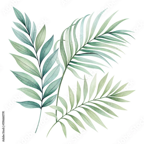 Fototapeta A collection of three green palm leaves showcasing various shapes and textures.