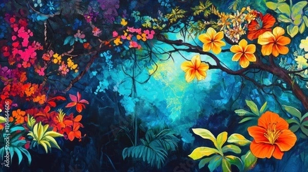 Fototapeta Vibrant tropical rainforest scene with colorful flowers and foliage, glowing light.