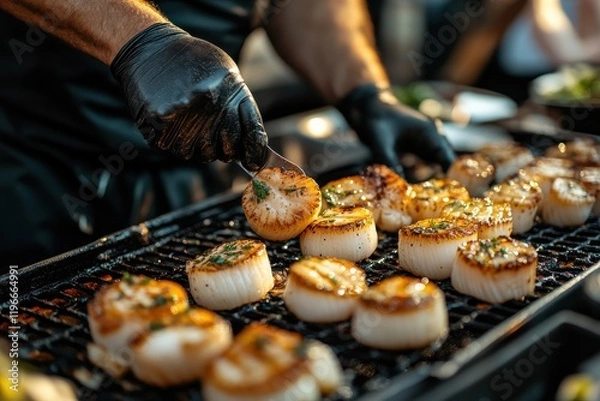 Fototapeta Chef Preparing Scallops at a Live Cooking Event for Culinary Enthusiasts