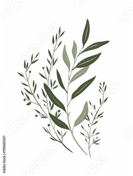 Fototapeta Illustrative design of green herbs on a gradient background, suitable for gardening, nature, and botanical themes.