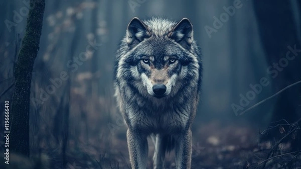 Fototapeta Majestic wolf in a dark forest