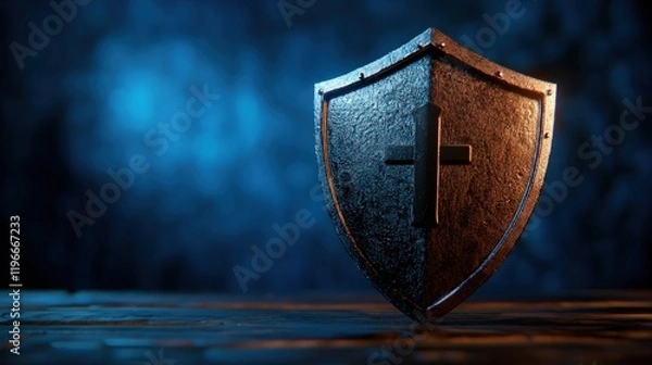 Obraz Faith's Fortress: A Metallic Shield Emblazoned with the Cross, Symbolizing Divine Protection and Spiritual Strength
