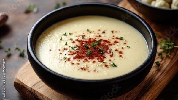 Obraz Creamy soup served in dark bowl garnished with herbs and spices,