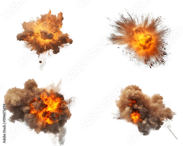 Fototapeta Dynamic explosions with vibrant flames and billowing smoke transparent background, PNG